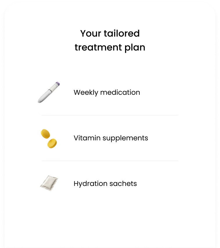 A treatment plan listing weekly medication, vitamin supplements and hydration sachets.