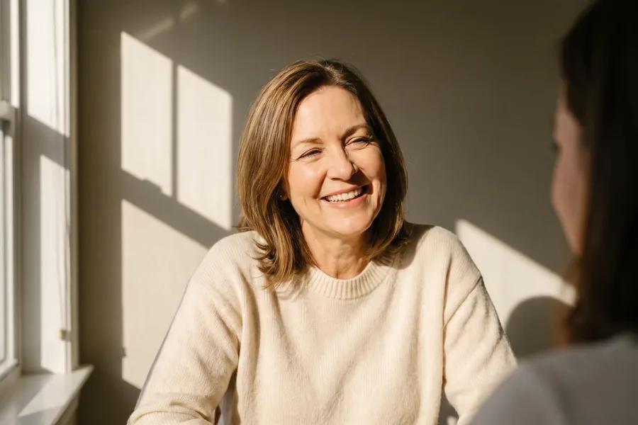 A woman laughing in conversation by a window