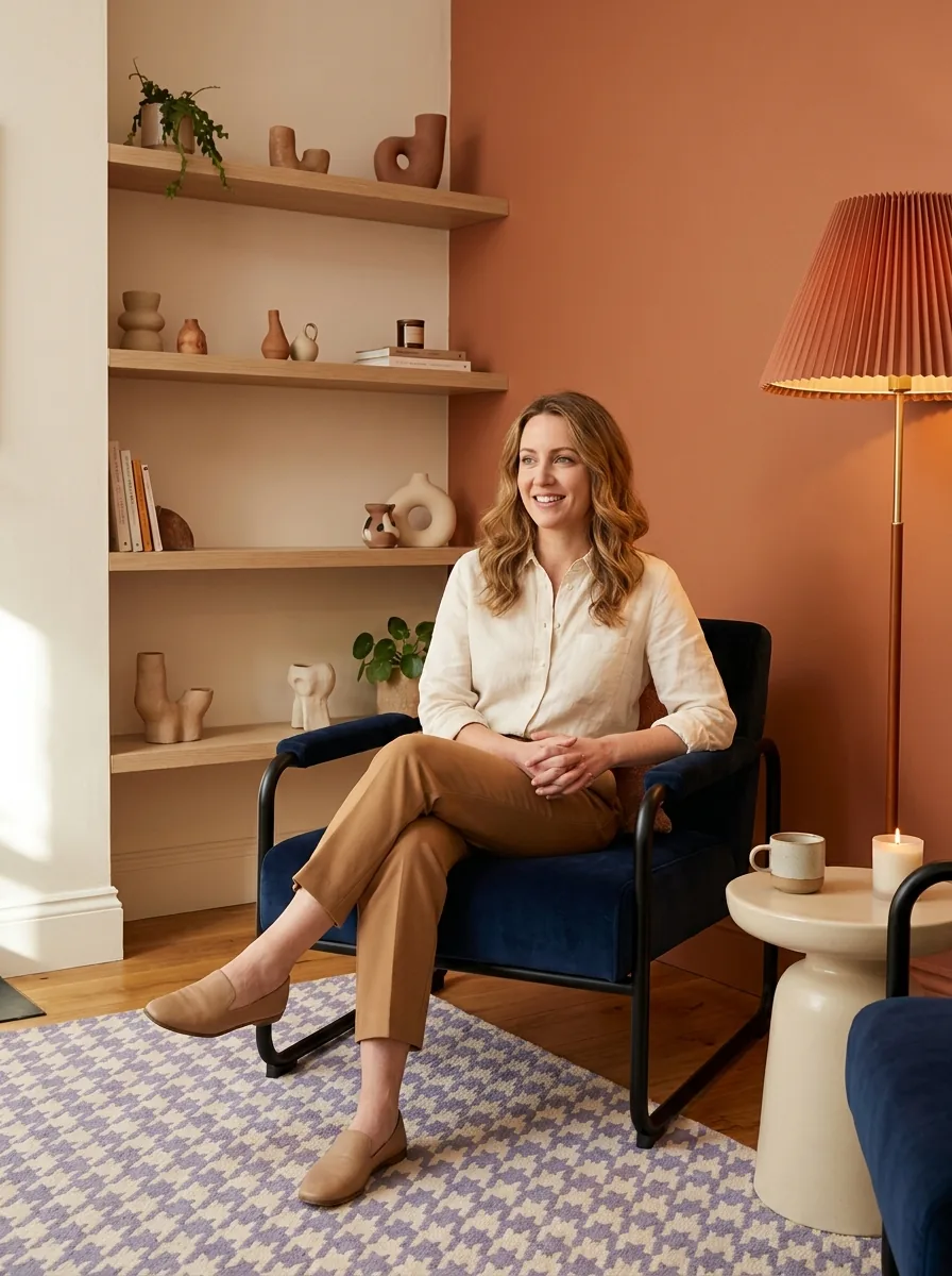 A woman sitting at home in an armchair