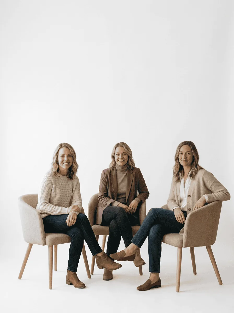 Three colleagues sitting together in armchairs in a bright studio